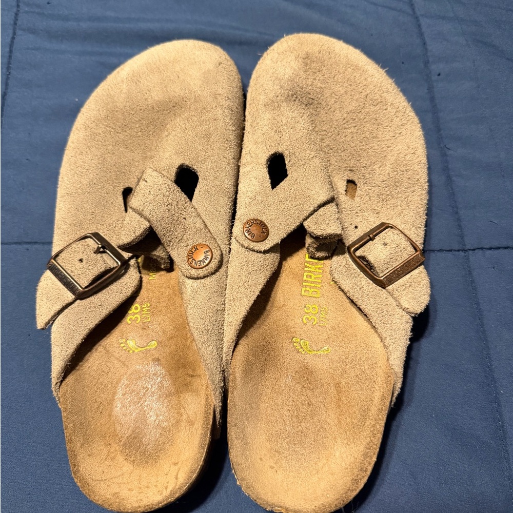 Birkenstock Beige Suede Thong Clogs with Buckle size 38 or 7